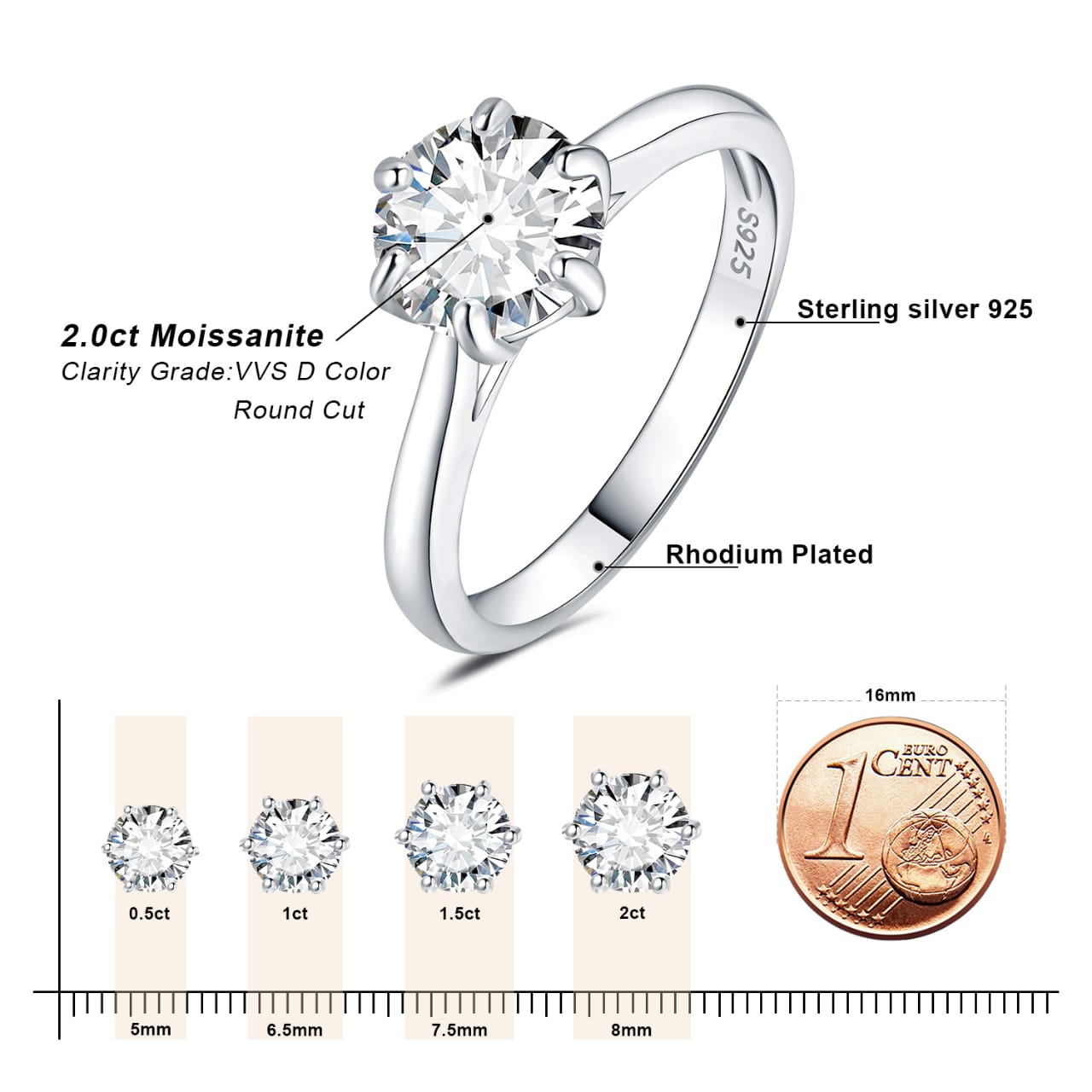 6 Prongs Moissanite Dimond Ring VVS1 S925 Ring for Women Engagements