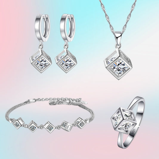 Moissanite Diamond S925 Jewelry Set for Women Box shape Pendant, Ring, Bracelet and Earrings