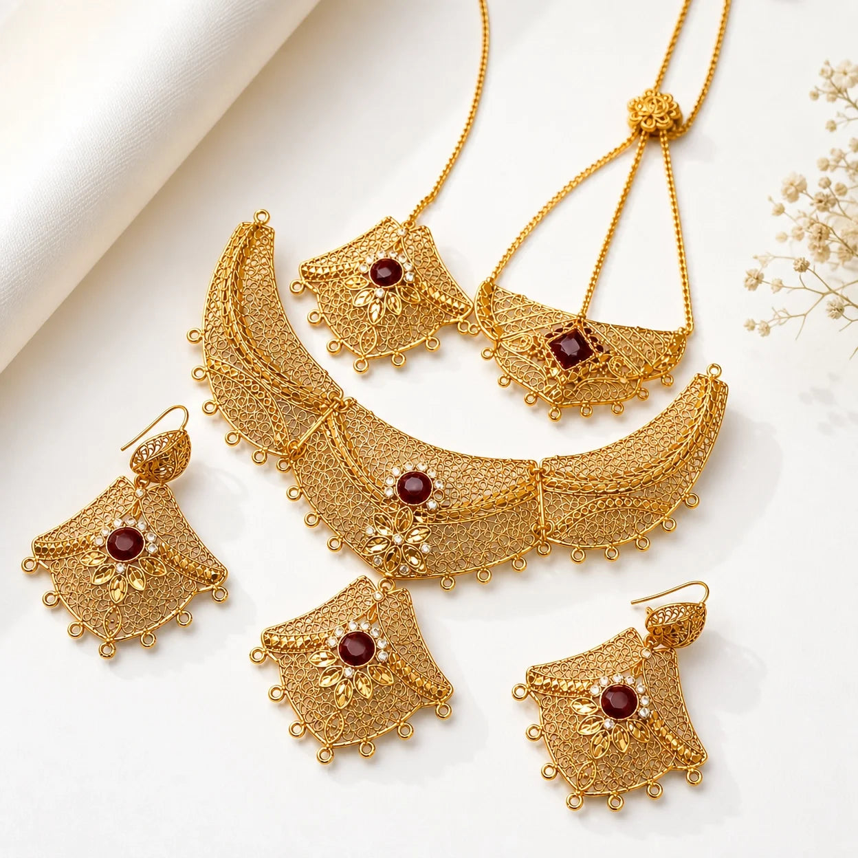 Gold Platted Necklace Set | Necklace + Earring + Jummer | NS-11